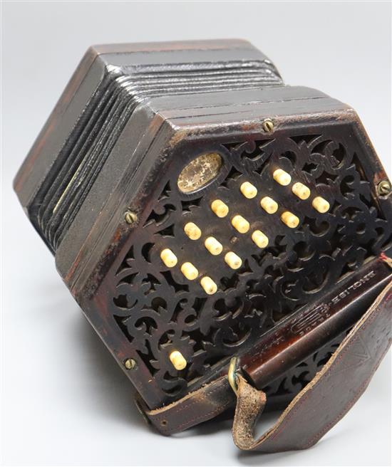 A Lachenal & Co mahogany concertina squeeze box, c. 1900-10, 30 bone keys, blade leatherette bellows